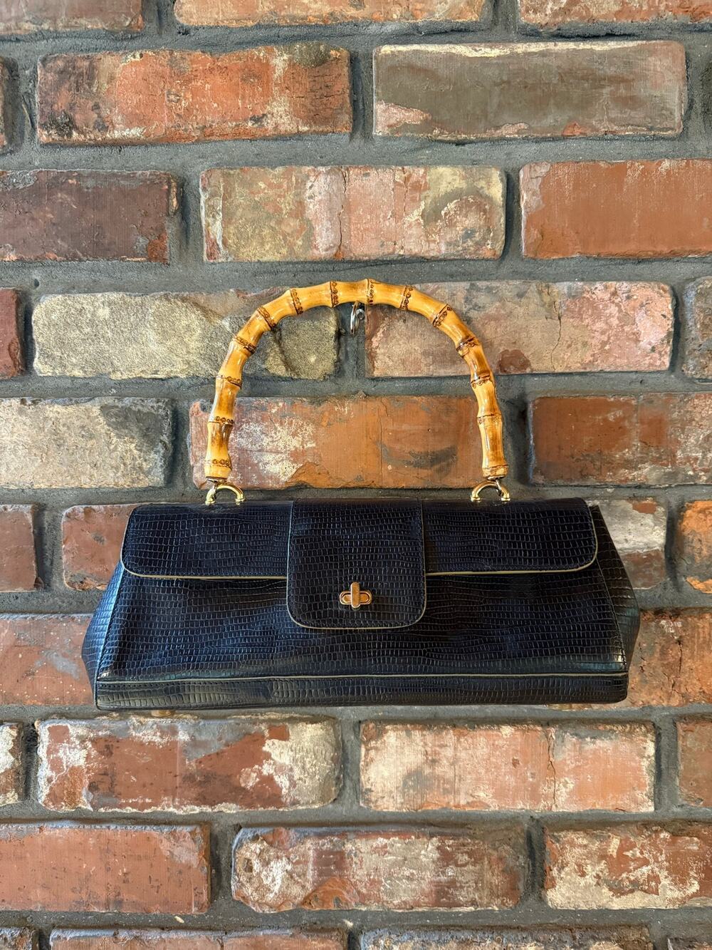 Vintage Monsac Black Embossed Leather Bamboo Handle Handbag Y2K